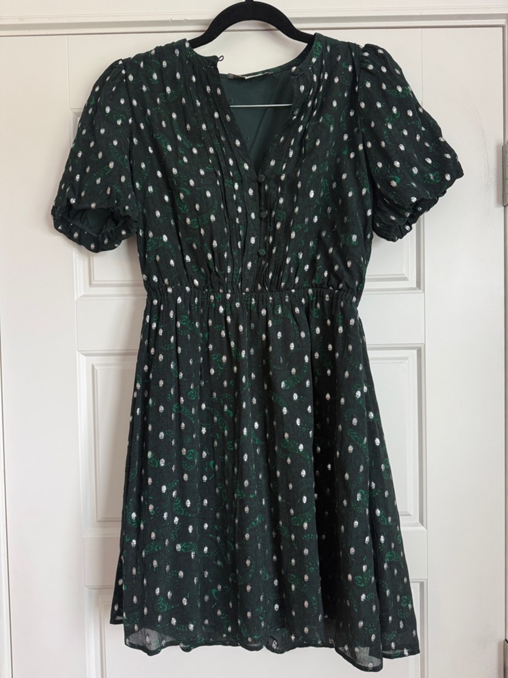 LOFT Dark Green Polka Dot Puff Sleeve Mini Dress
